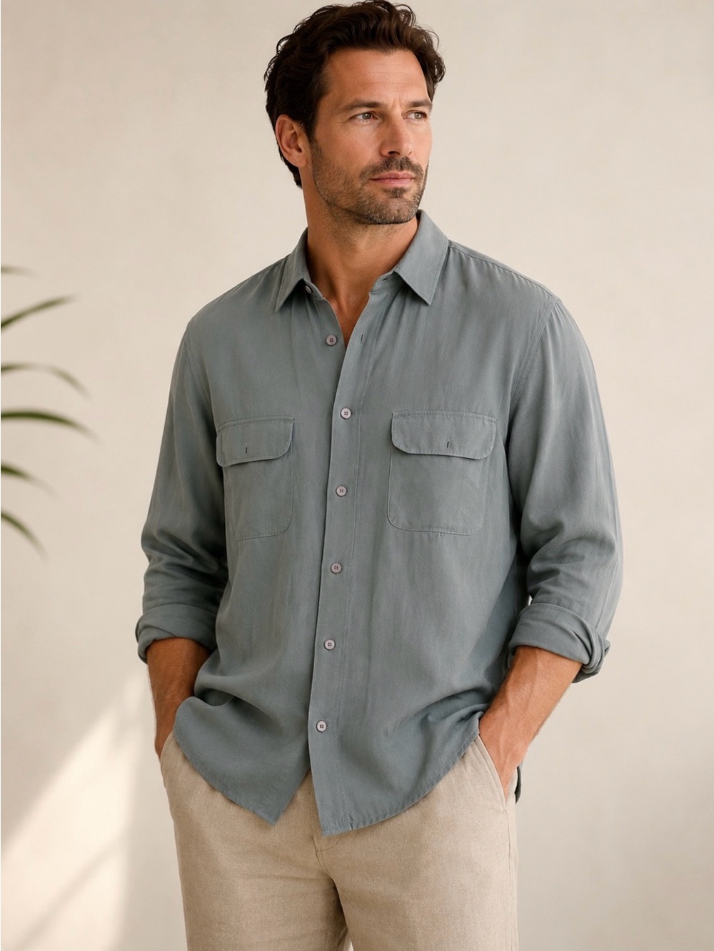 Tulliano 100% Pure Silk Shirt Mens XL Sage Green Button Front Dual Pocket Luxury